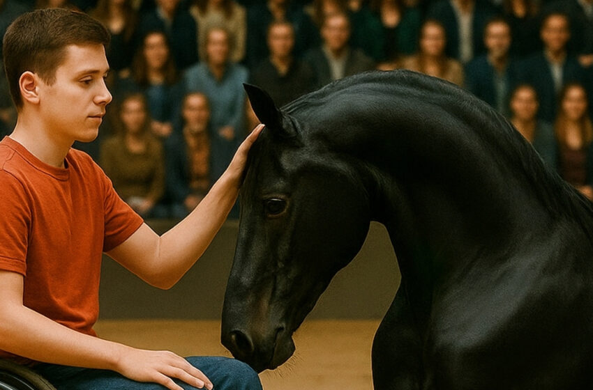  Неожиданная встреча парализованного юноши и черного жеребца по-настоящему тронула публику. Это зрелище заставило плакать каждого